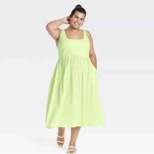 Ava & Viv Sleeveless Square-Neck Midi Dress in Lime Green Size 3X